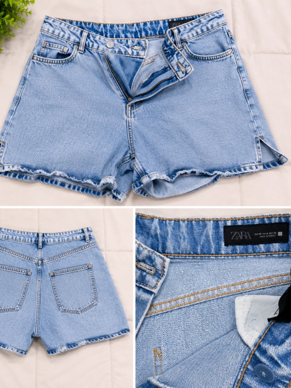 Zara High Rise Denim Shorts Light Wash Blue Size 8 / EUR 40 Raw Hem Mom Shorts